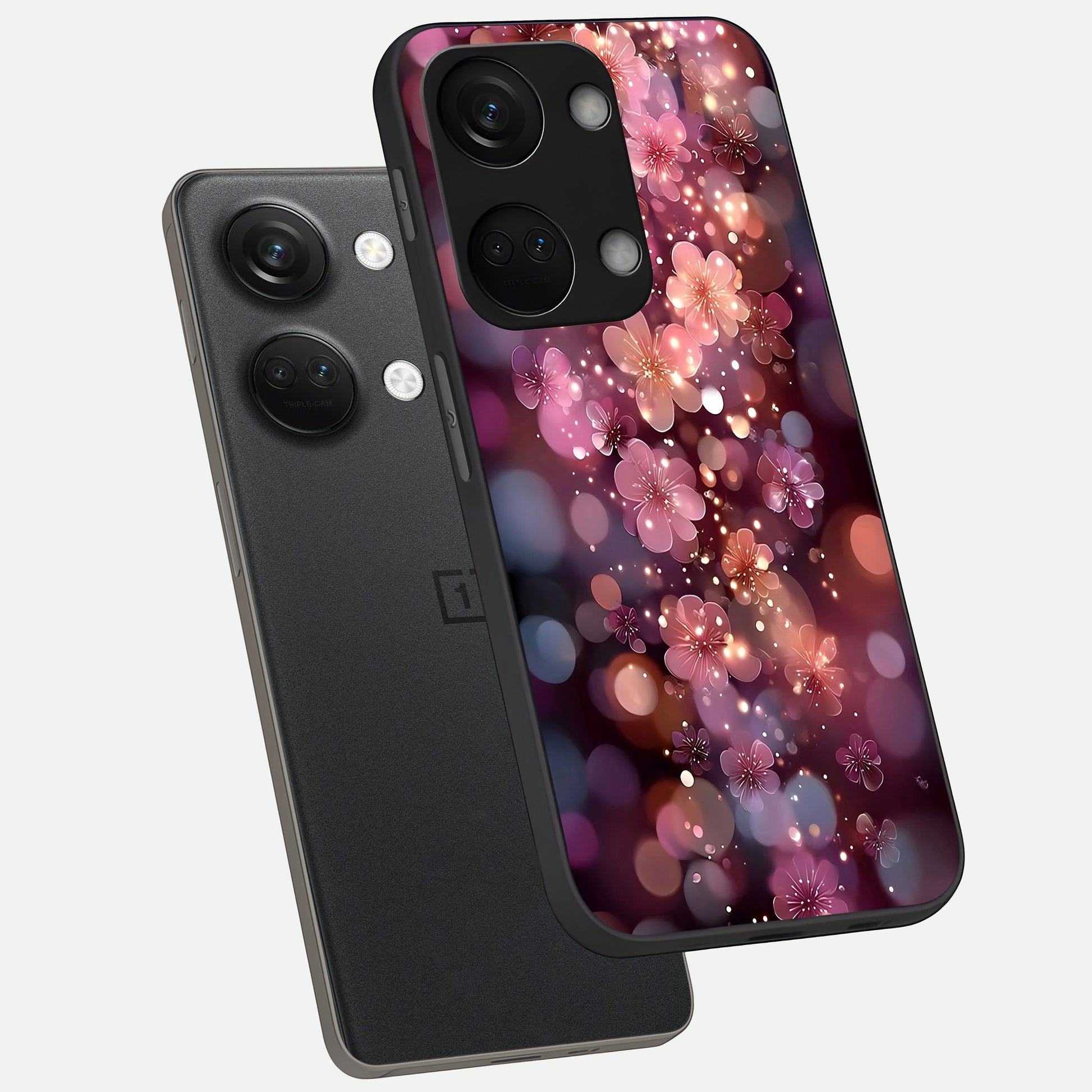  Glowing Petal Bliss phone case For Oneplus Nord 3 showing premium glass back cover with detailed artwork