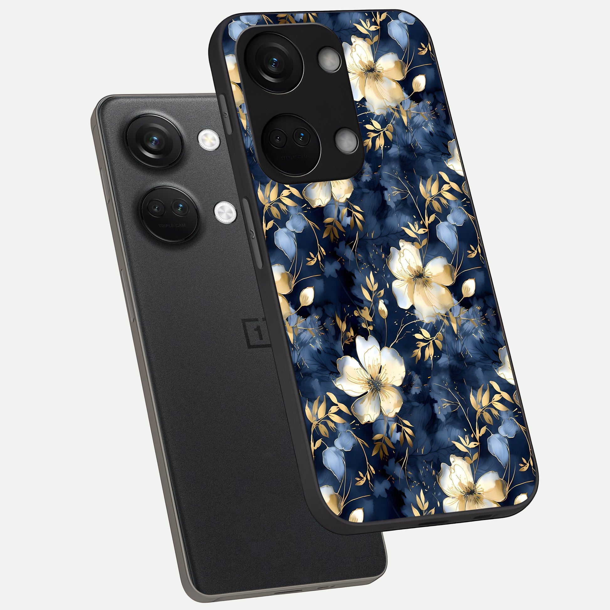  Golden Midnight Bloom phone case For Oneplus Nord 3 showing premium glass back cover with detailed artwork