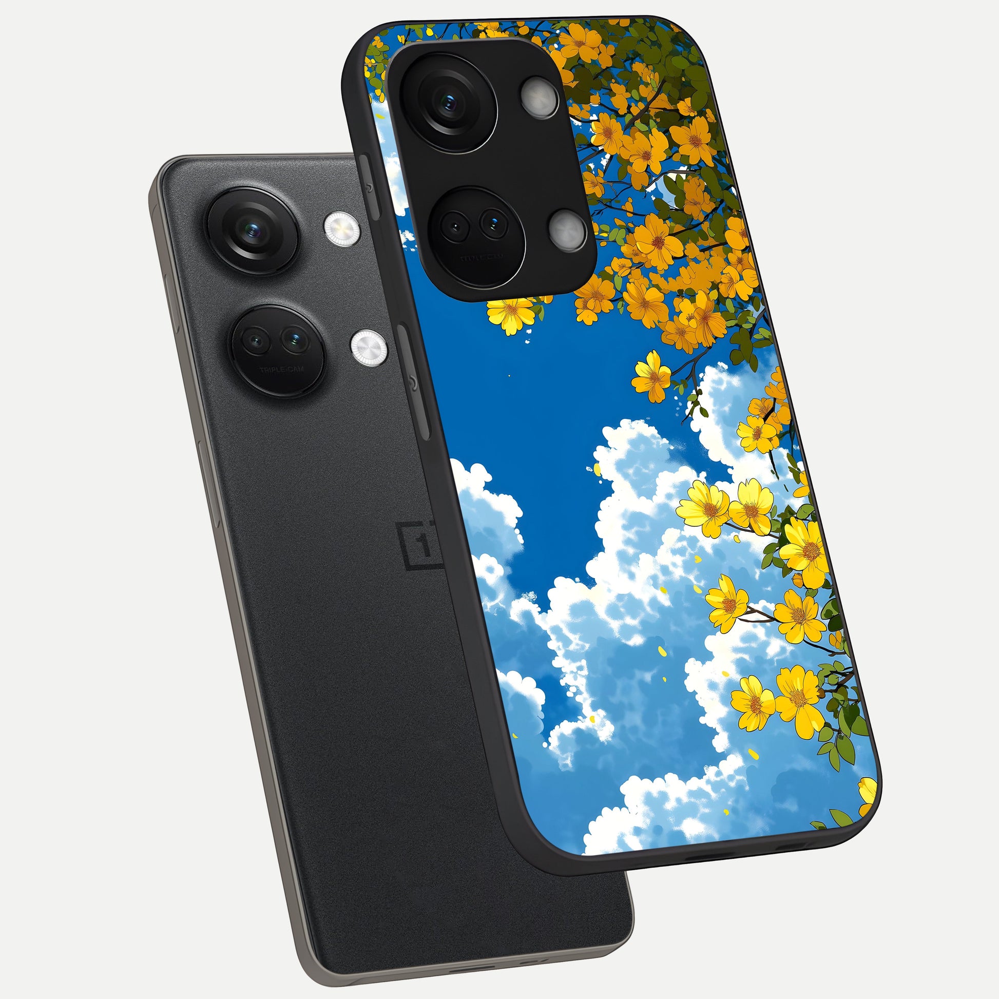  Golden Petal Sky phone case For Oneplus Nord 3 showing premium glass back cover with detailed artwork