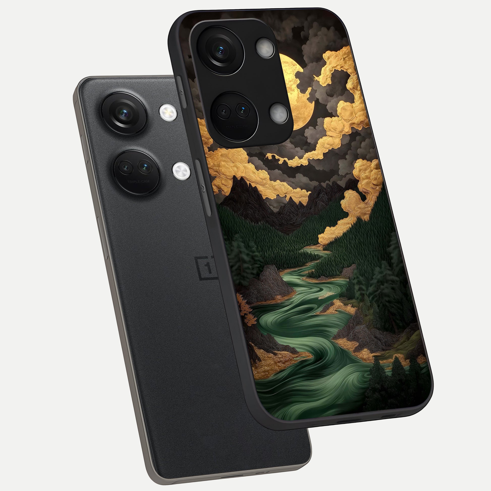  Golden River Moon phone case For Oneplus Nord 3 showing premium glass back cover with detailed artwork
