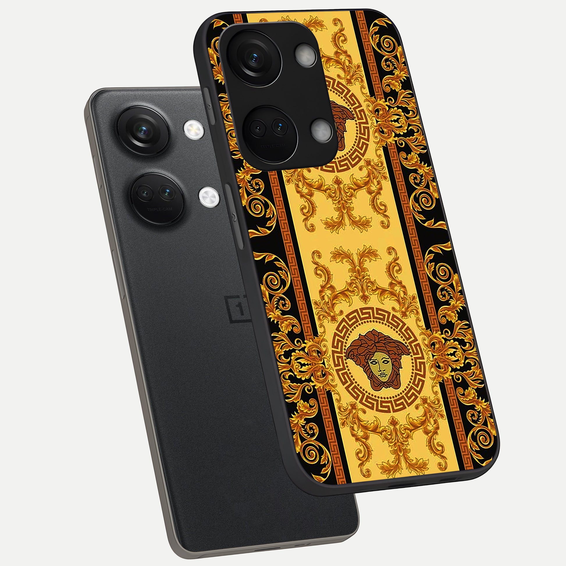  Golden Royal Heritage phone case For Oneplus Nord 3 showing premium glass back cover with detailed artwork