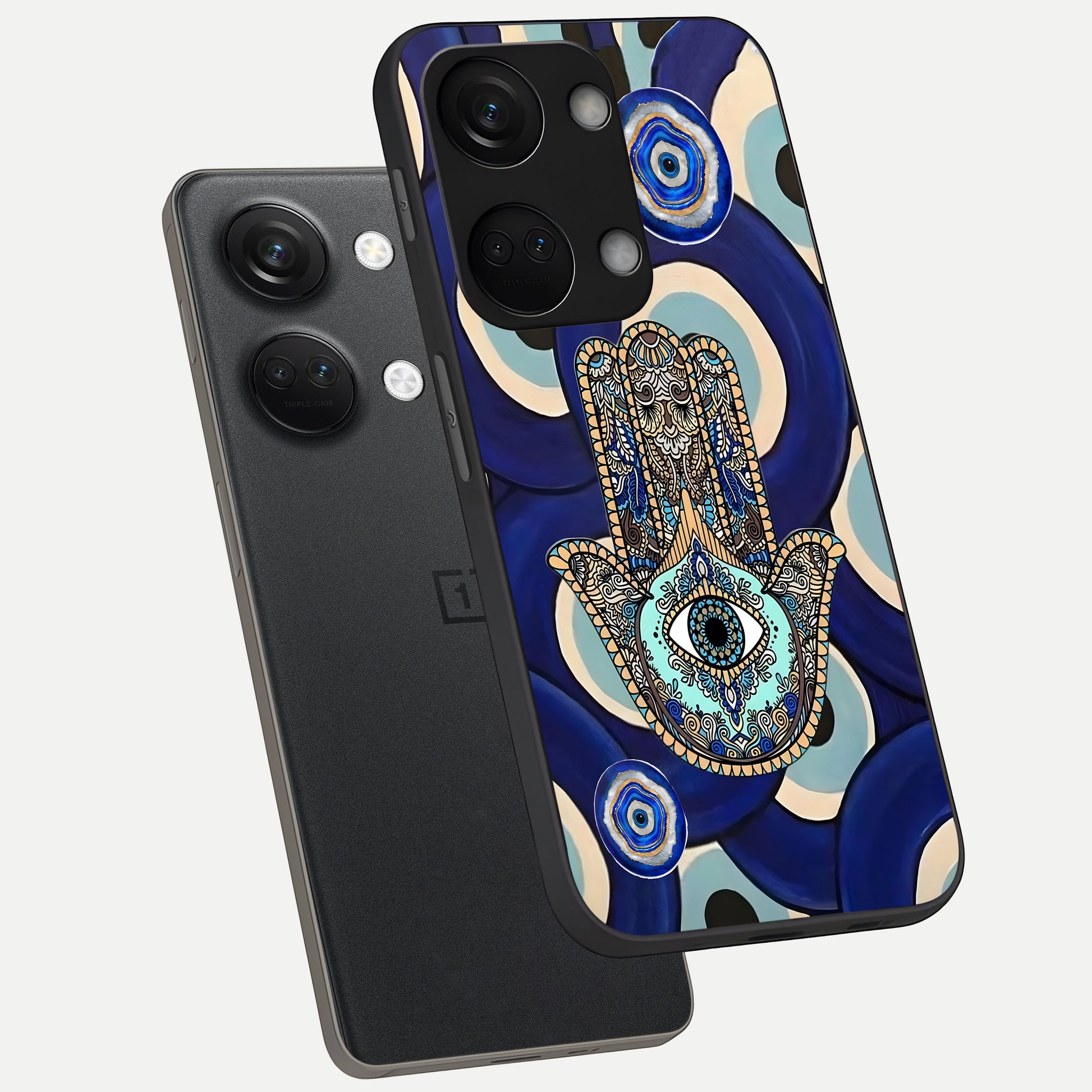  Hamsa Divine Guard phone case For Oneplus Nord 3 showing premium glass back cover with detailed artwork