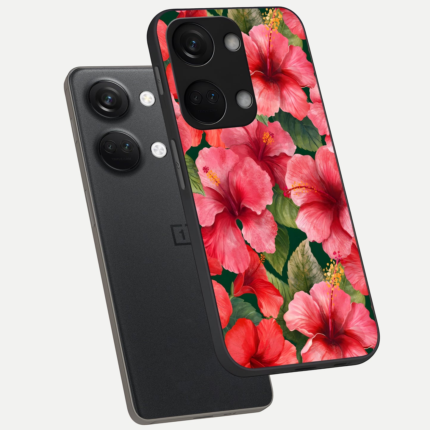  Hibiscus Pattern phone case For Oneplus Nord 3 showing premium glass back cover with detailed artwork