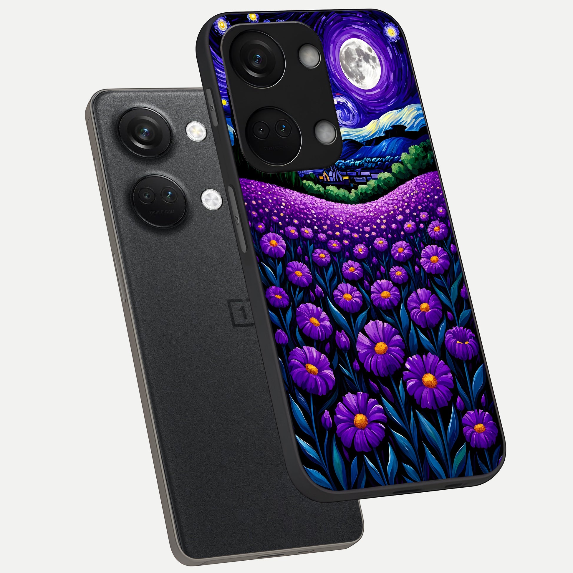  Lavender Moon Field phone case For Oneplus Nord 3 showing premium glass back cover with detailed artwork