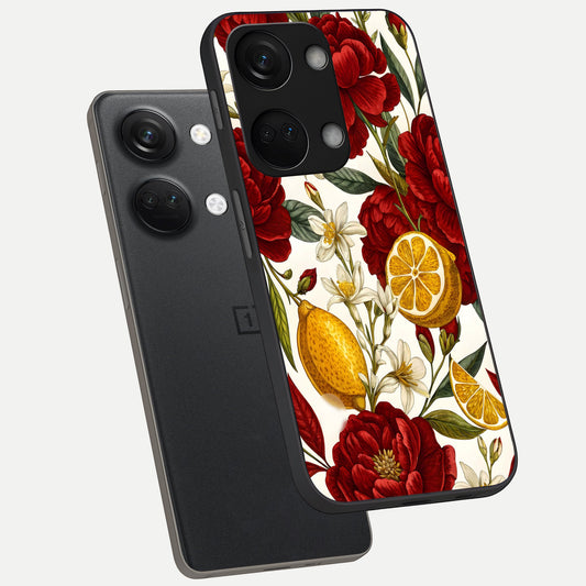  Lemon Rose Charm phone case For Oneplus Nord 3 showing premium glass back cover with detailed artwork