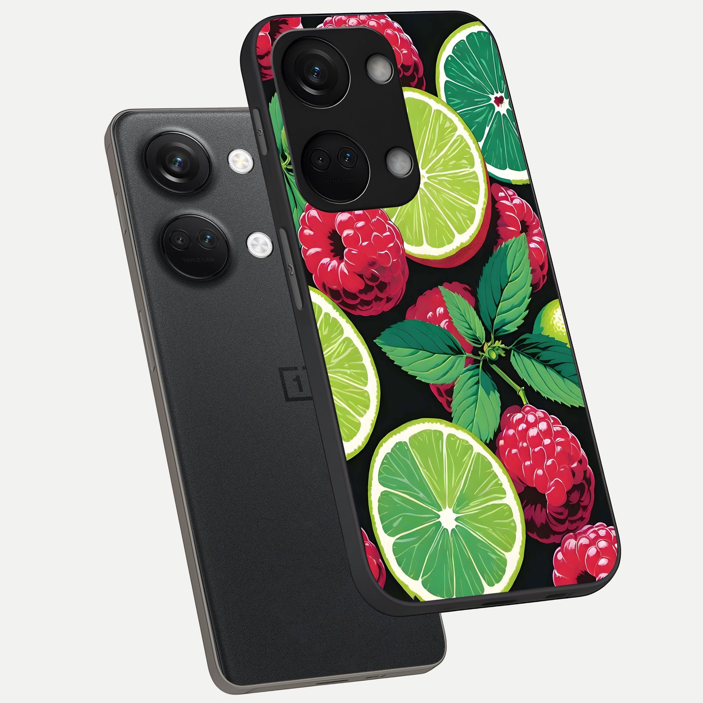 Lime and Raspberry Pattern phone case For Oneplus Nord 3 showing premium glass back cover with detailed artwork