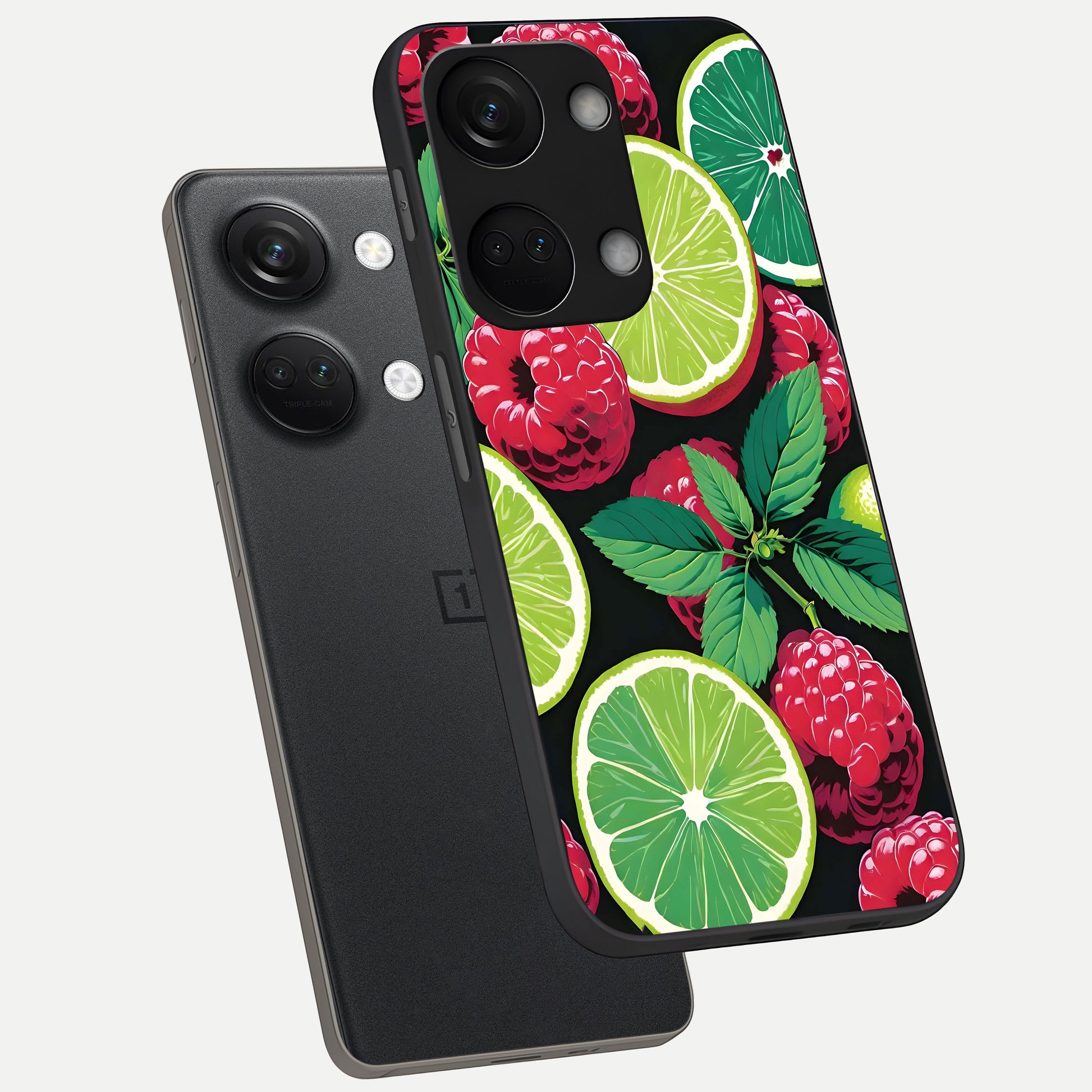  Lime and Raspberry Pattern phone case For Oneplus Nord 3 showing premium glass back cover with detailed artwork