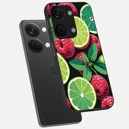  Lime and Raspberry Pattern phone case For Oneplus Nord 3 showing premium glass back cover with detailed artwork