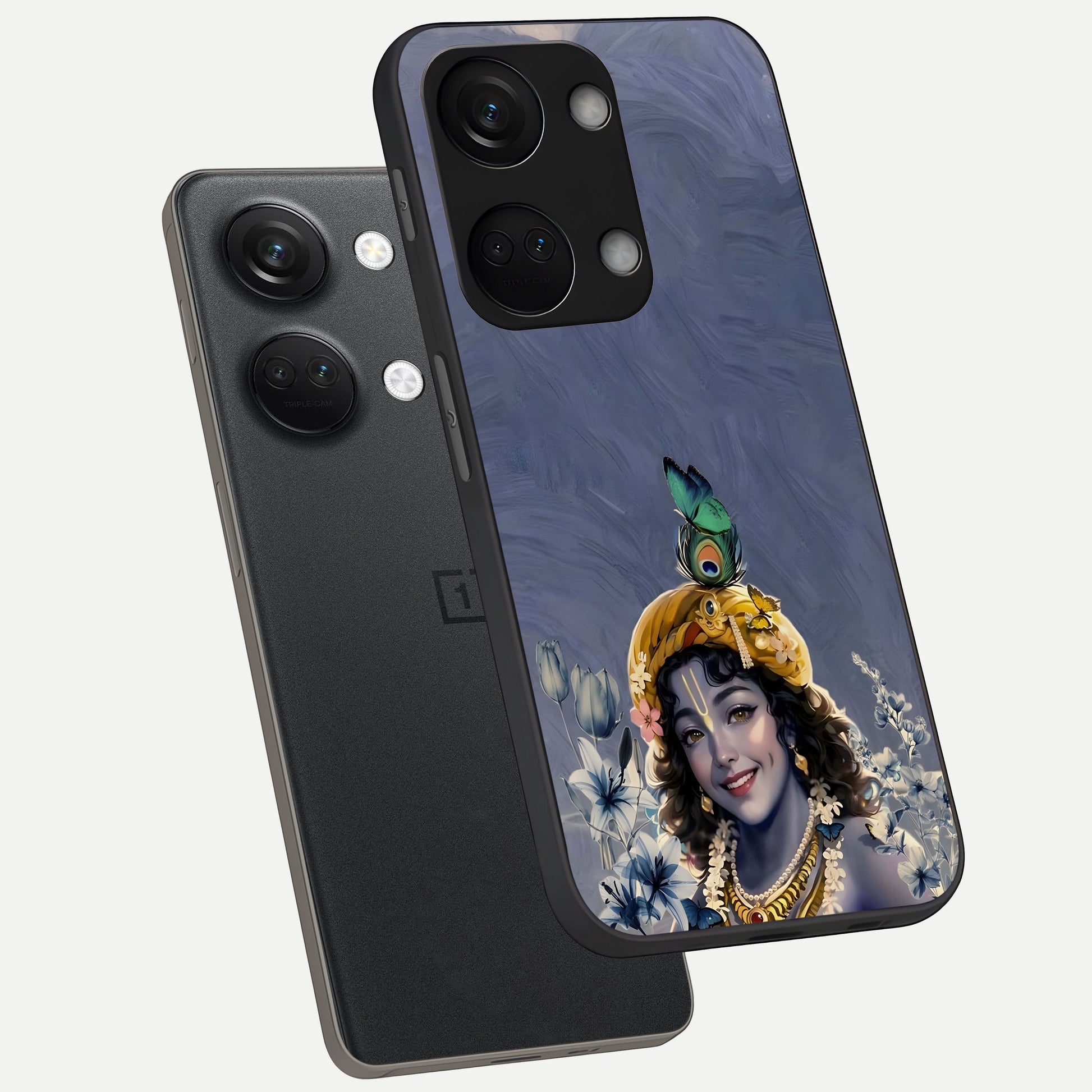  Lord Krishna phone case For Oneplus Nord 3 showing premium glass back cover with detailed artwork