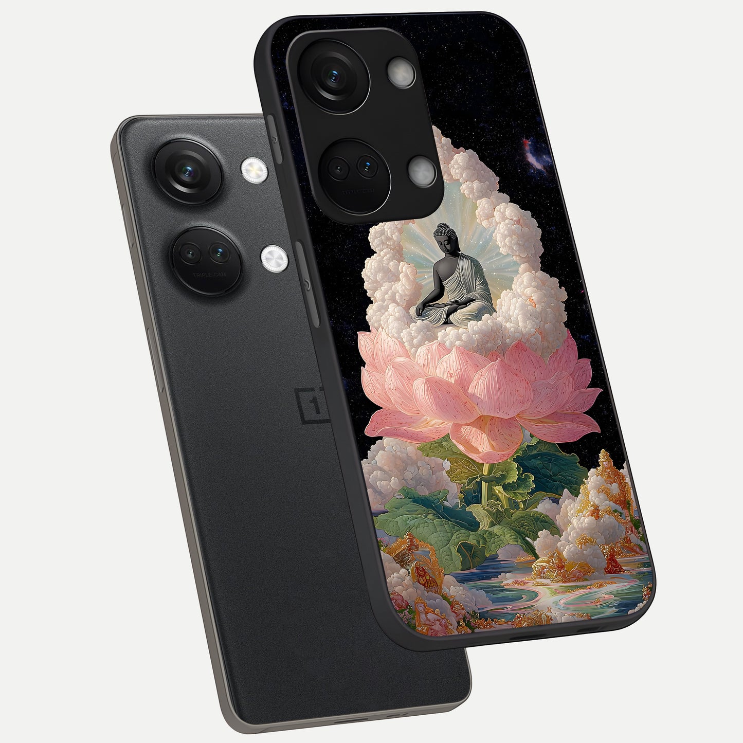  Lotus Divine Peace phone case For Oneplus Nord 3 showing premium glass back cover with detailed artwork