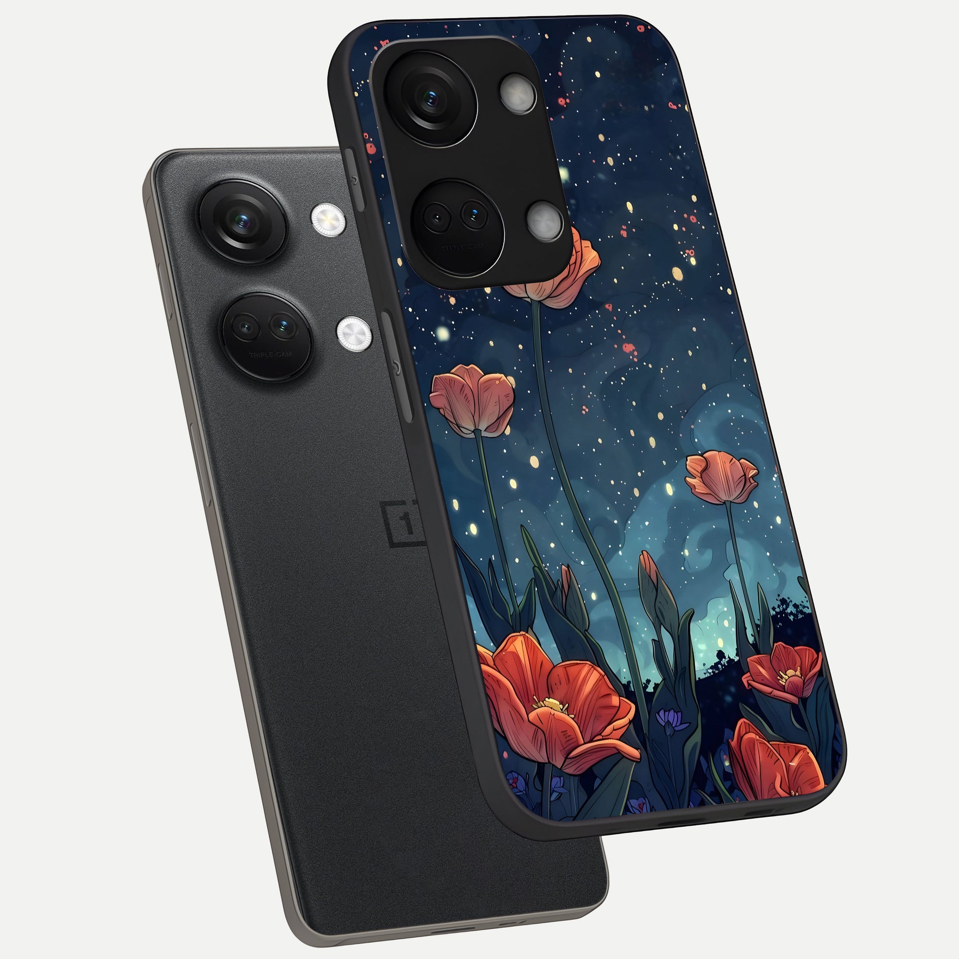  Midnight Tulip Glow phone case For Oneplus Nord 3 showing premium glass back cover with detailed artwork