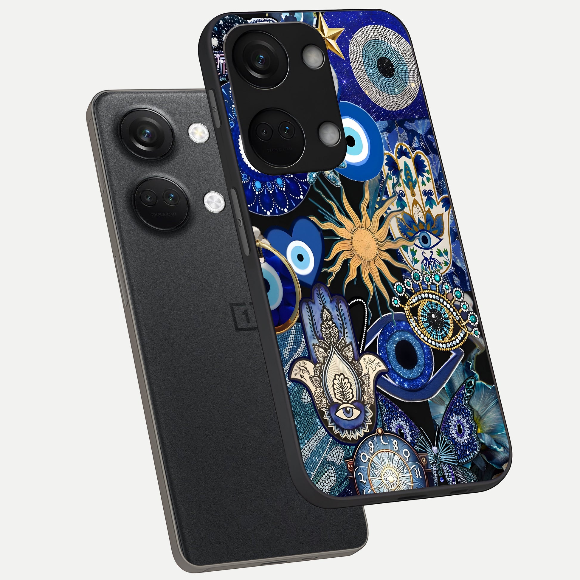  Mystic Blue Evil Eye phone case For Oneplus Nord 3 showing premium glass back cover with detailed artwork
