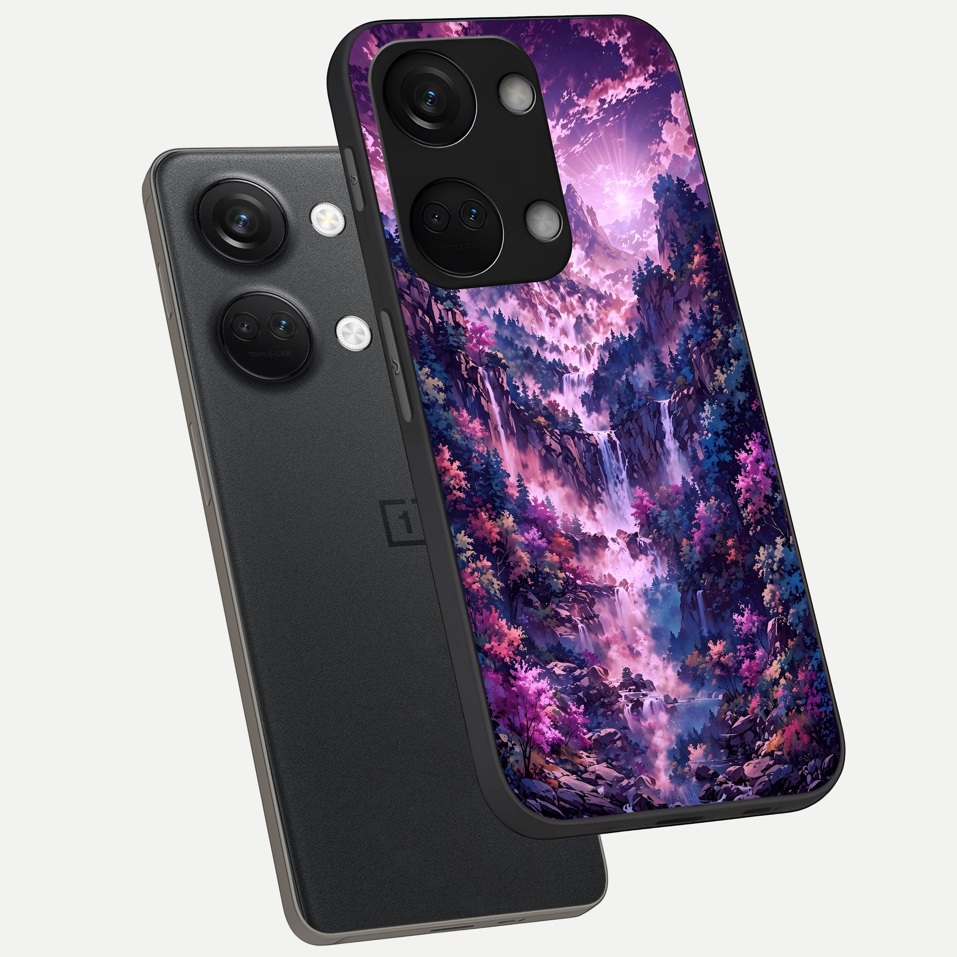  Mystic Cascade Peaks phone case For Oneplus Nord 3 showing premium glass back cover with detailed artwork