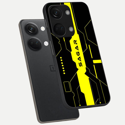  Neon CYBERPUNK Custom Name phone case For Oneplus Nord 3 showing premium glass back cover with detailed artwork