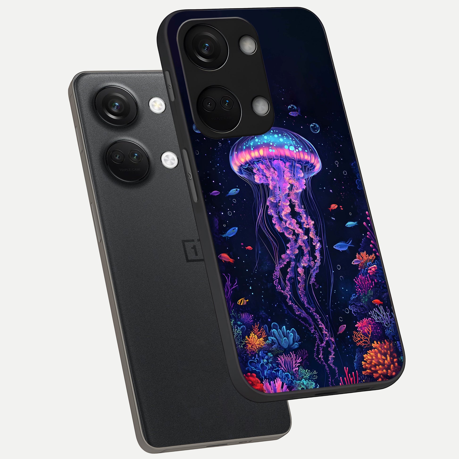  Neon Jellyfish phone case For Oneplus Nord 3 showing premium glass back cover with detailed artwork