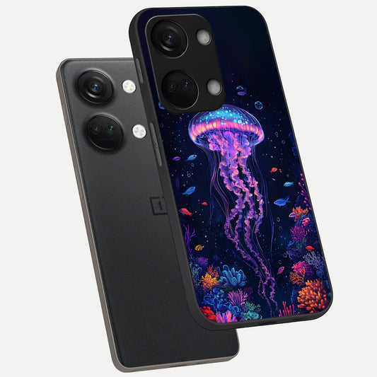  Neon Jellyfish phone case For Oneplus Nord 3 showing premium glass back cover with detailed artwork