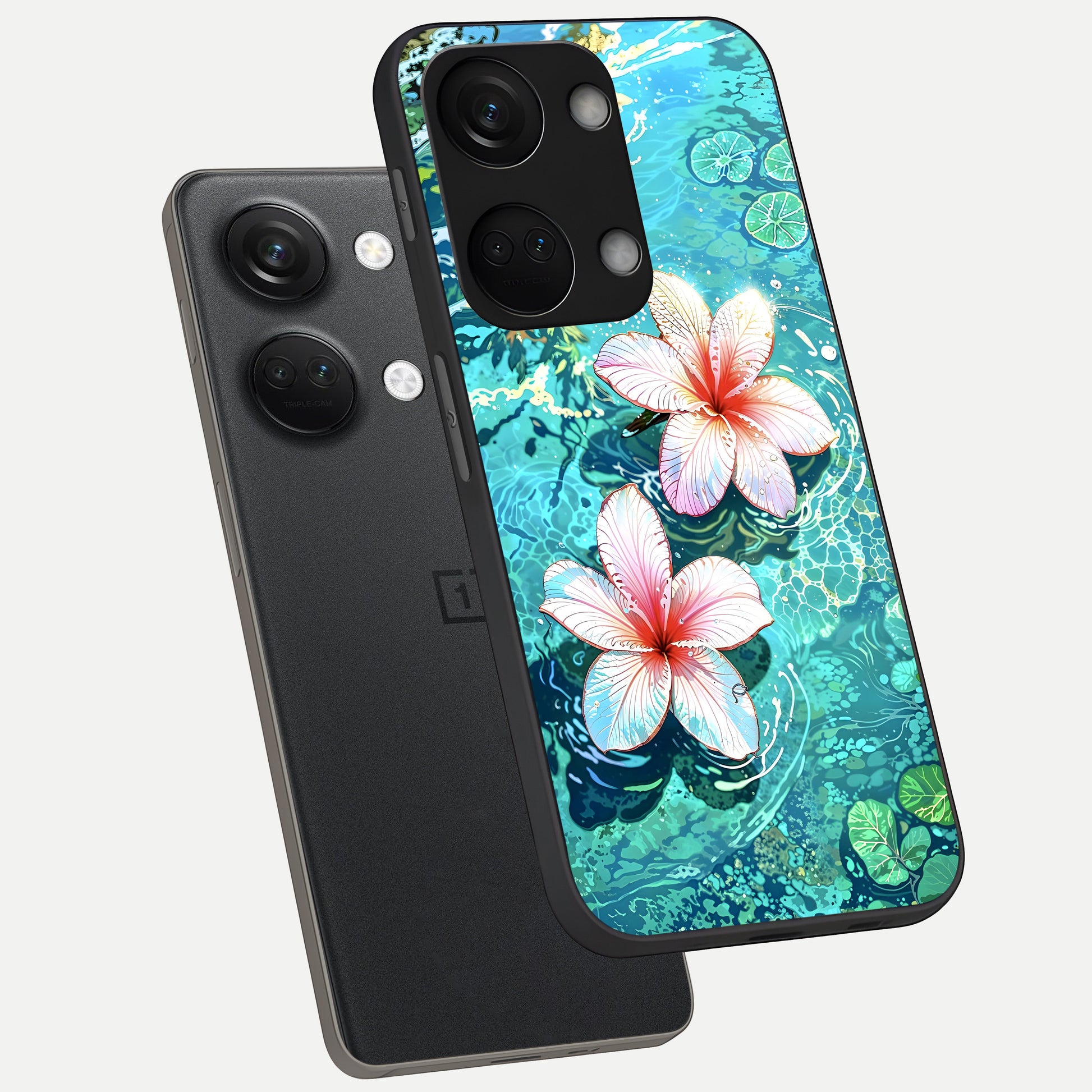  Pink Flowers in Water phone case For Oneplus Nord 3 showing premium glass back cover with detailed artwork
