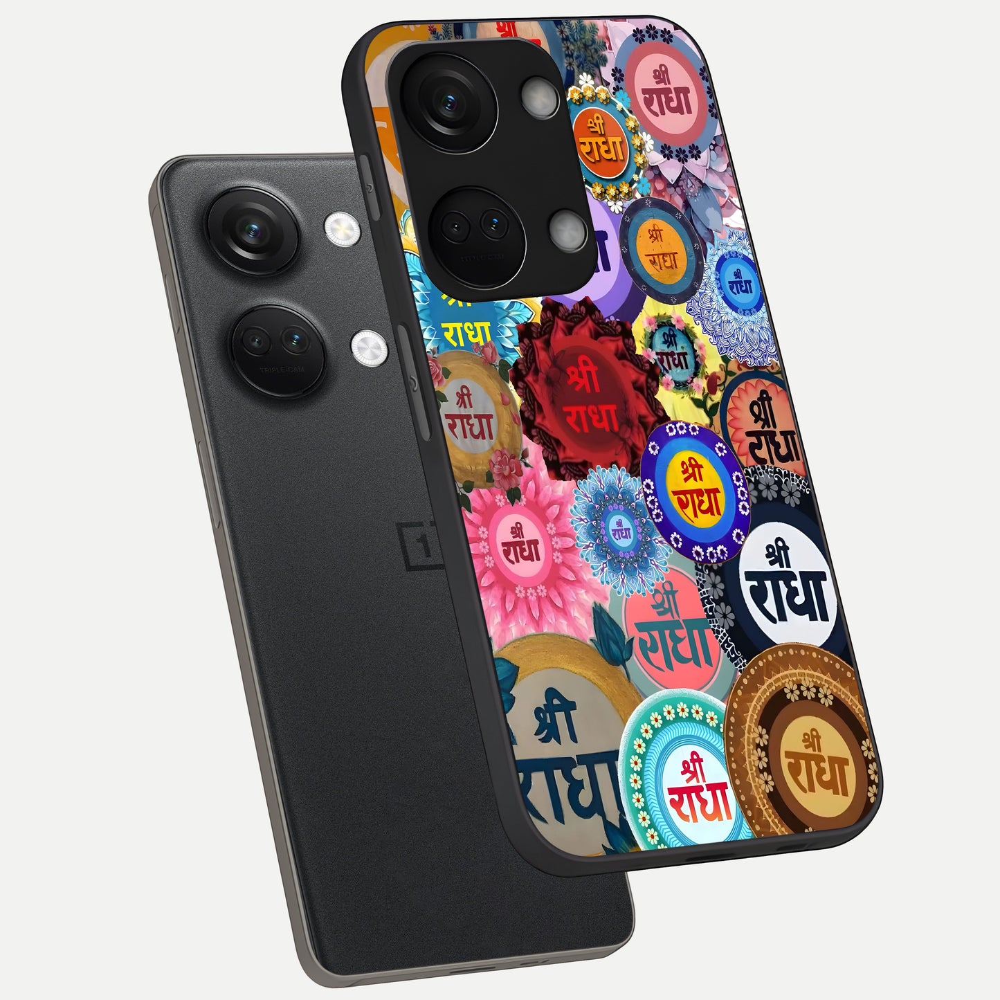  Radha Divine Bloom phone case For Oneplus Nord 3 showing premium glass back cover with detailed artwork