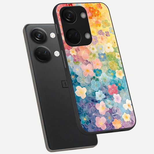  Rainbow Blossom Burst phone case For Oneplus Nord 3 showing premium glass back cover with detailed artwork