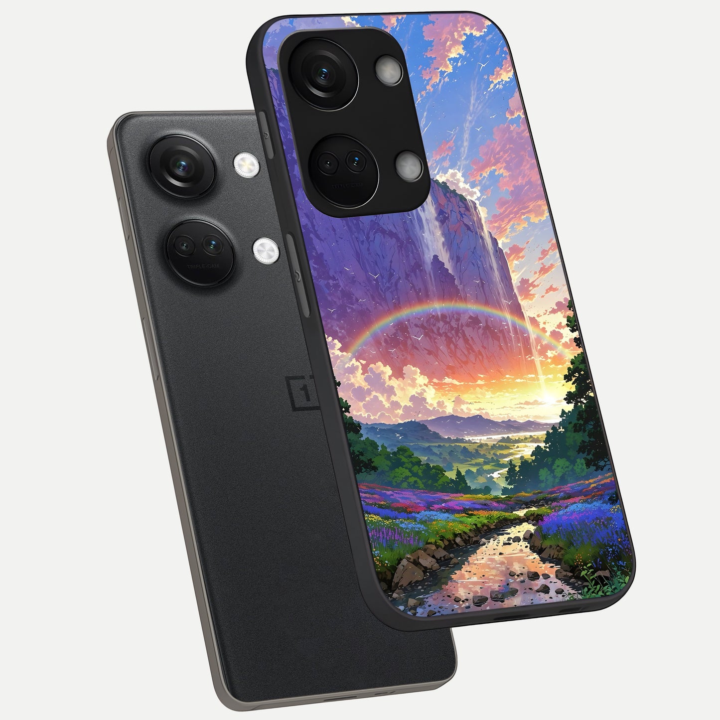  Rainbow Valley Dream phone case For Oneplus Nord 3 showing premium glass back cover with detailed artwork