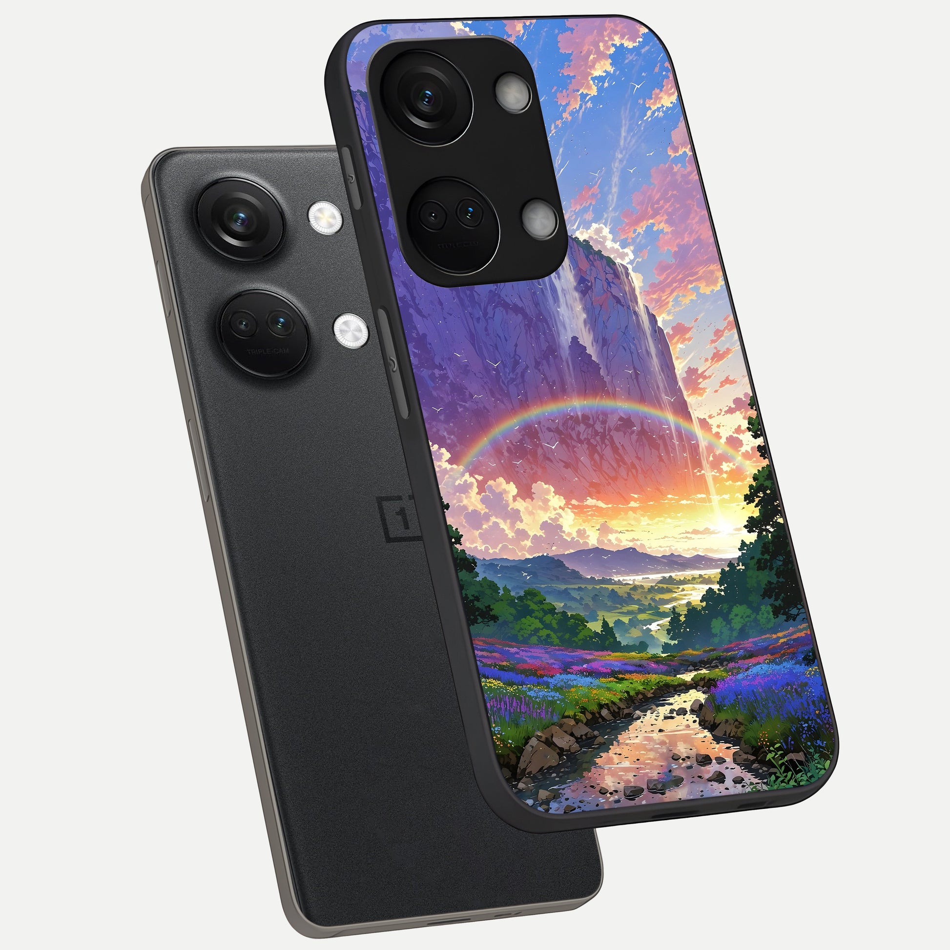  Rainbow Valley Dream phone case For Oneplus Nord 3 showing premium glass back cover with detailed artwork