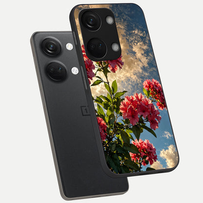  Red Bloom Skies phone case For Oneplus Nord 3 showing premium glass back cover with detailed artwork