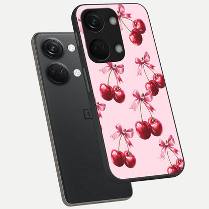  Red Cherries Pattern phone case For Oneplus Nord 3 showing premium glass back cover with detailed artwork
