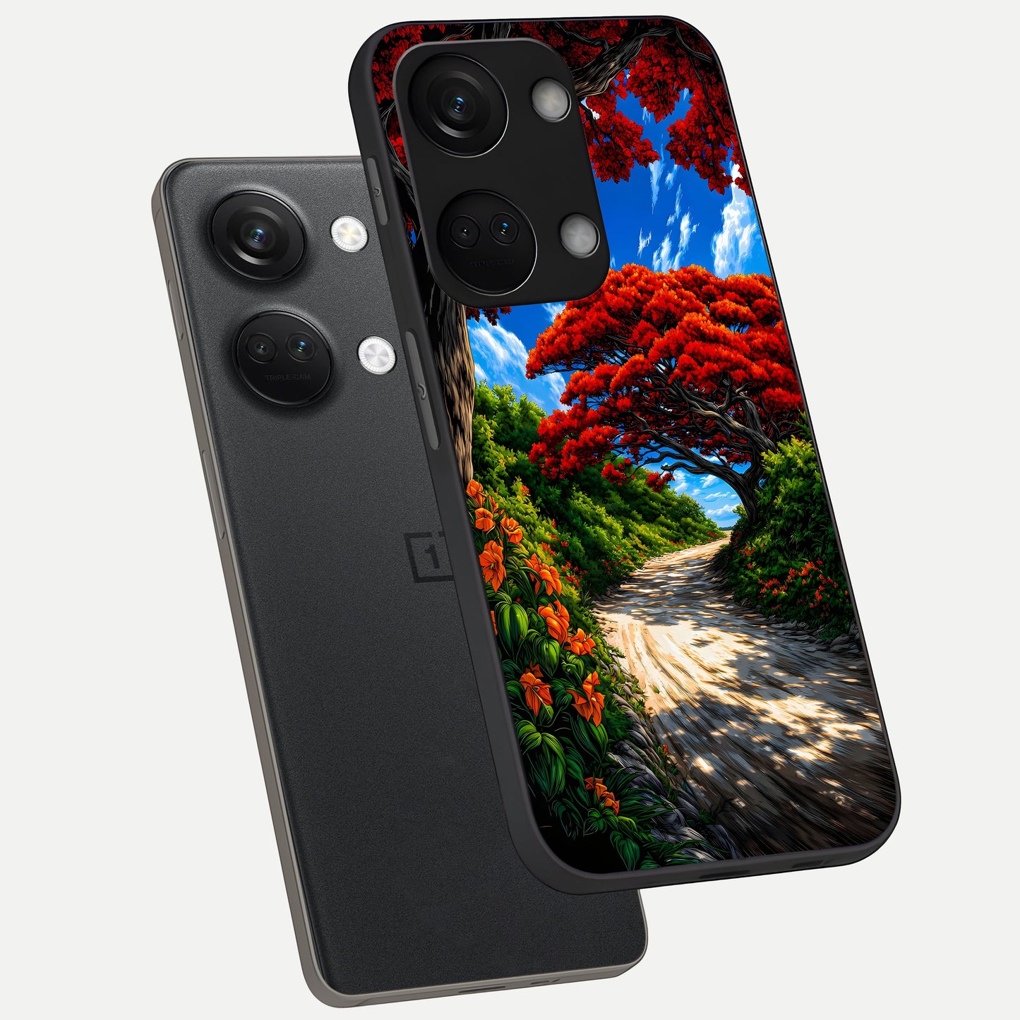  Red Trees Pathway phone case For Oneplus Nord 3 showing premium glass back cover with detailed artwork