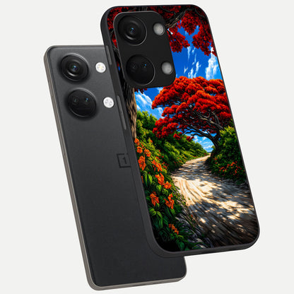  Red Trees Pathway phone case For Oneplus Nord 3 showing premium glass back cover with detailed artwork