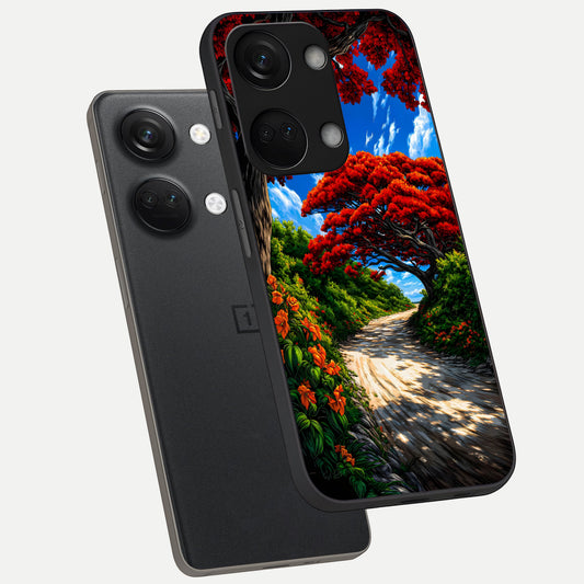  Red Trees Pathway phone case For Oneplus Nord 3 showing premium glass back cover with detailed artwork