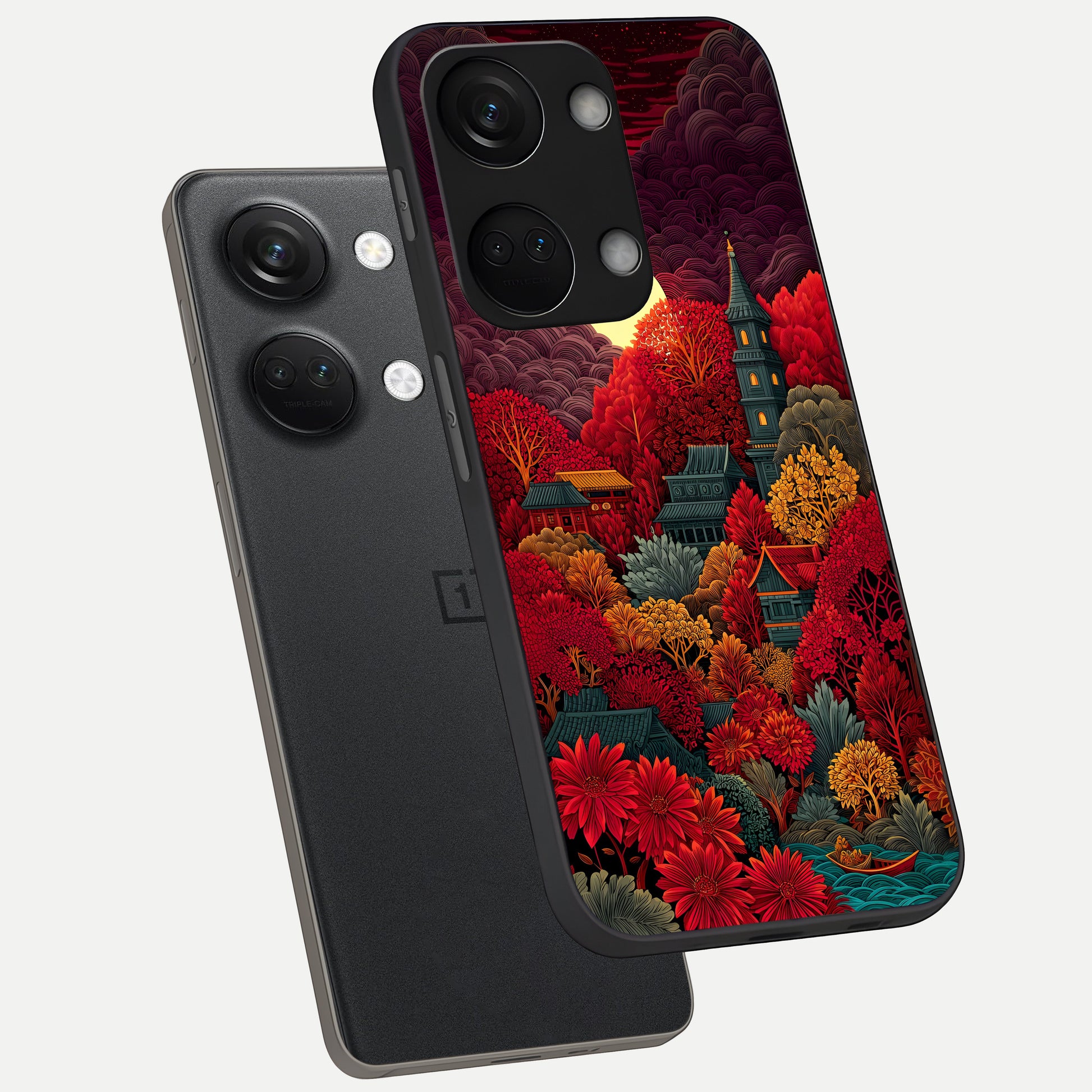  Scarlet Autumn Temple phone case For Oneplus Nord 3 showing premium glass back cover with detailed artwork