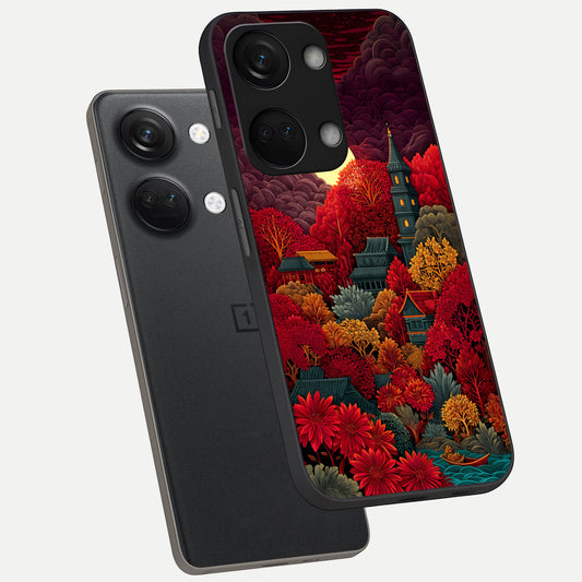  Scarlet Autumn Temple phone case For Oneplus Nord 3 showing premium glass back cover with detailed artwork