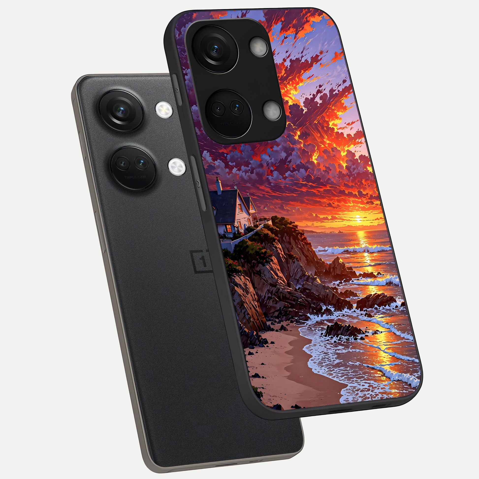  Sunset House By Sea phone case For Oneplus Nord 3 showing premium glass back cover with detailed artwork