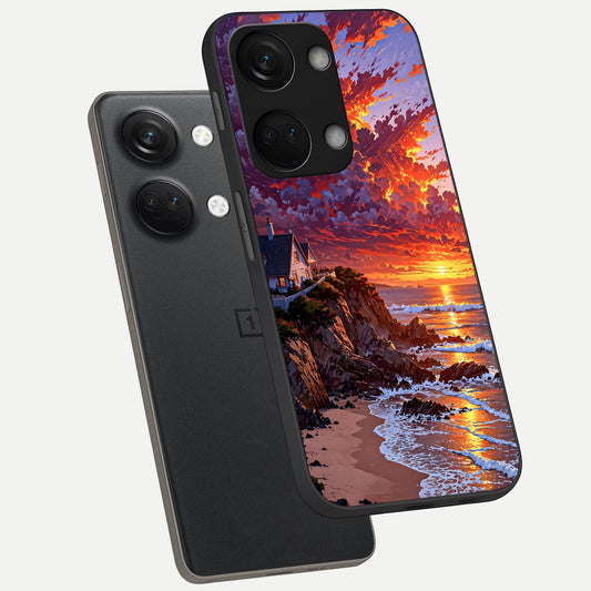  Sunset House By Sea phone case For Oneplus Nord 3 showing premium glass back cover with detailed artwork