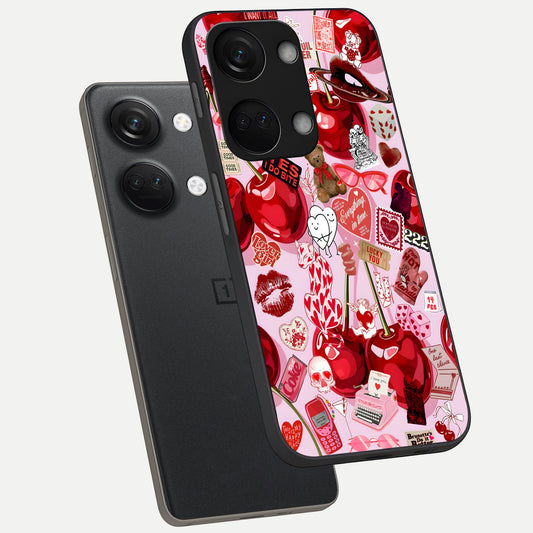  Sweet Cherry Chaos phone case For Oneplus Nord 3 showing premium glass back cover with detailed artwork
