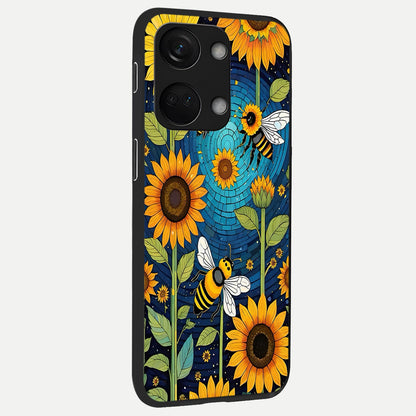  Bees And Sunflowers back cover For Oneplus Nord 3 slim fit glass case with vibrant aesthetic design