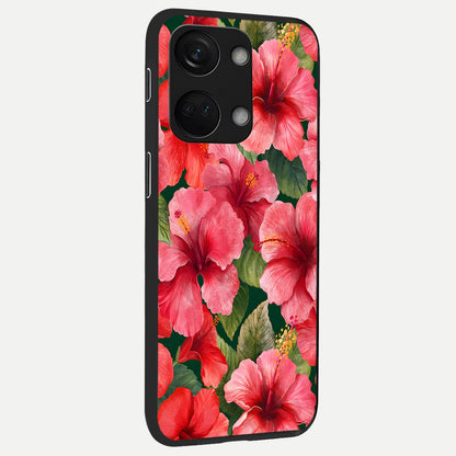  Hibiscus Pattern back cover For Oneplus Nord 3 slim fit glass case with vibrant aesthetic design