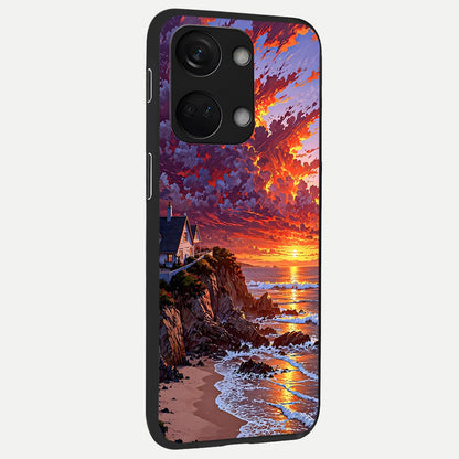  Sunset House By Sea back cover For Oneplus Nord 3 slim fit glass case with vibrant aesthetic design