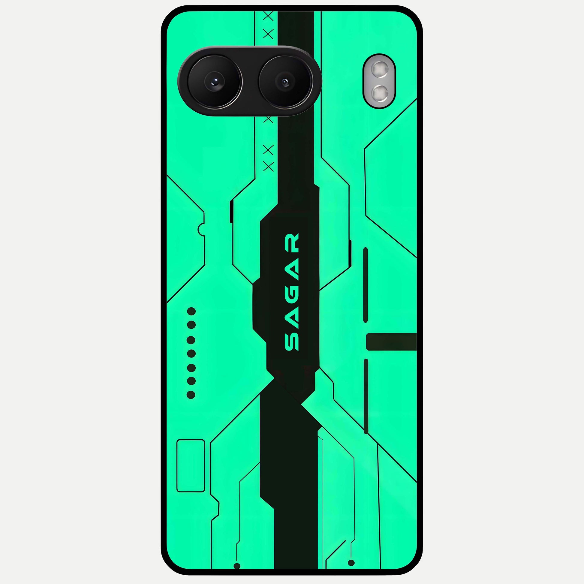  Aqua Tech CYBERPUNK Custom Name Glass Case For Oneplus Nord 4 back cover – full design glossy printed glass finish