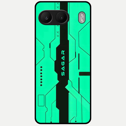  Aqua Tech CYBERPUNK Custom Name Glass Case For Oneplus Nord 4 back cover – full design glossy printed glass finish