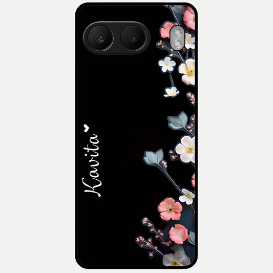  Black Elegance Floral Custom Name Glass Case For Oneplus Nord 4 back cover – full design glossy printed glass finish