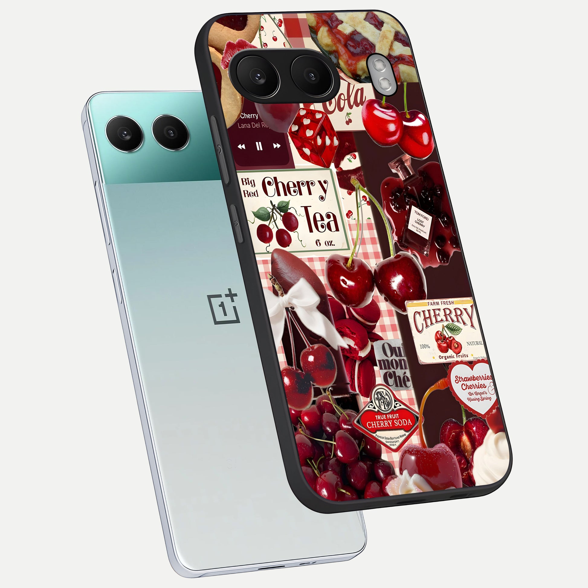  Aesthetic Cherry Tea phone case For Oneplus Nord 4 showing premium glass back cover with detailed artwork