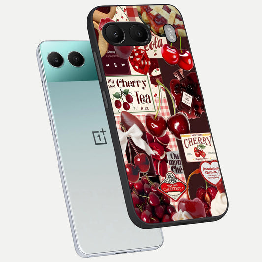  Aesthetic Cherry Tea phone case For Oneplus Nord 4 showing premium glass back cover with detailed artwork