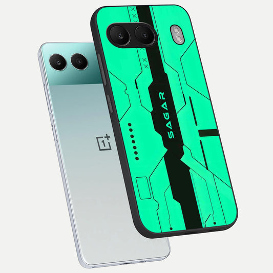  Aqua Tech CYBERPUNK Custom Name phone case For Oneplus Nord 4 showing premium glass back cover with detailed artwork