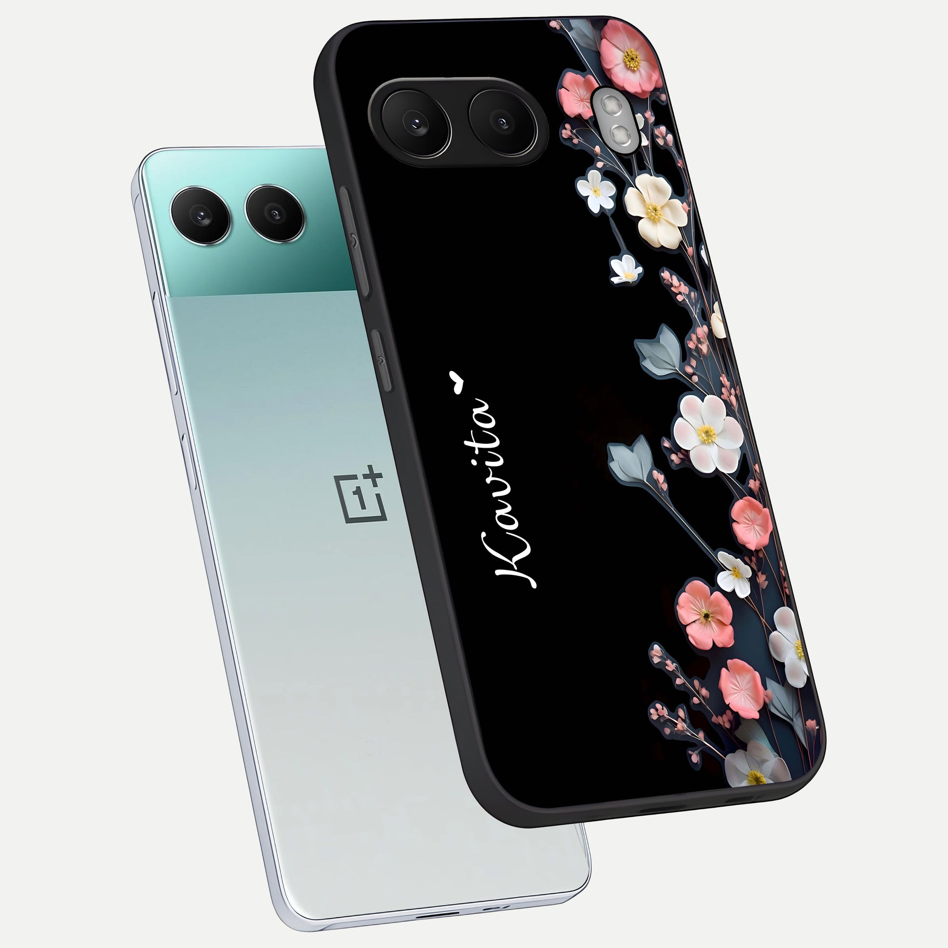  Black Elegance Floral Custom Name phone case For Oneplus Nord 4 showing premium glass back cover with detailed artwork