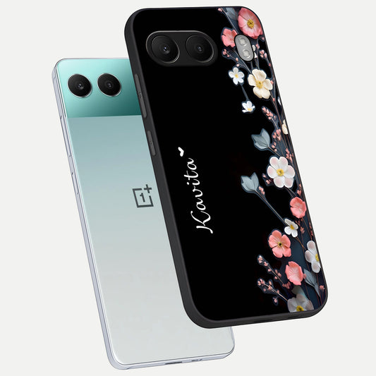  Black Elegance Floral Custom Name phone case For Oneplus Nord 4 showing premium glass back cover with detailed artwork