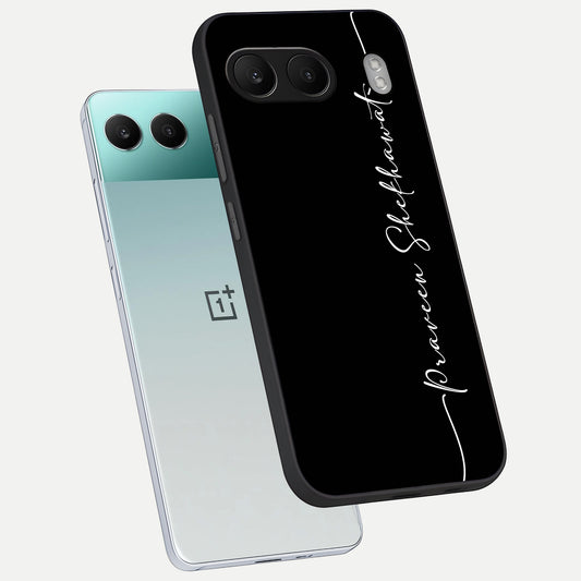  Black Tune Custom Name phone case For Oneplus Nord 4 showing premium glass back cover with detailed artwork