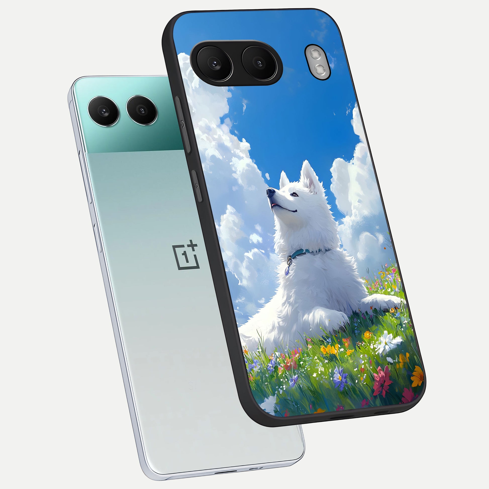  Blissful Cloud Pup phone case For Oneplus Nord 4 showing premium glass back cover with detailed artwork