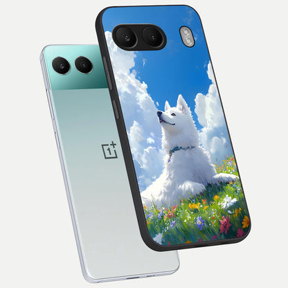  Blissful Cloud Pup phone case For Oneplus Nord 4 showing premium glass back cover with detailed artwork