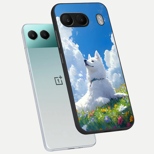  Blissful Cloud Pup phone case For Oneplus Nord 4 showing premium glass back cover with detailed artwork